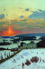 1896 sunset landscape painting by Volodymyr Orlovsky with vivid sky colors over a snow-covered Ukrainian village.