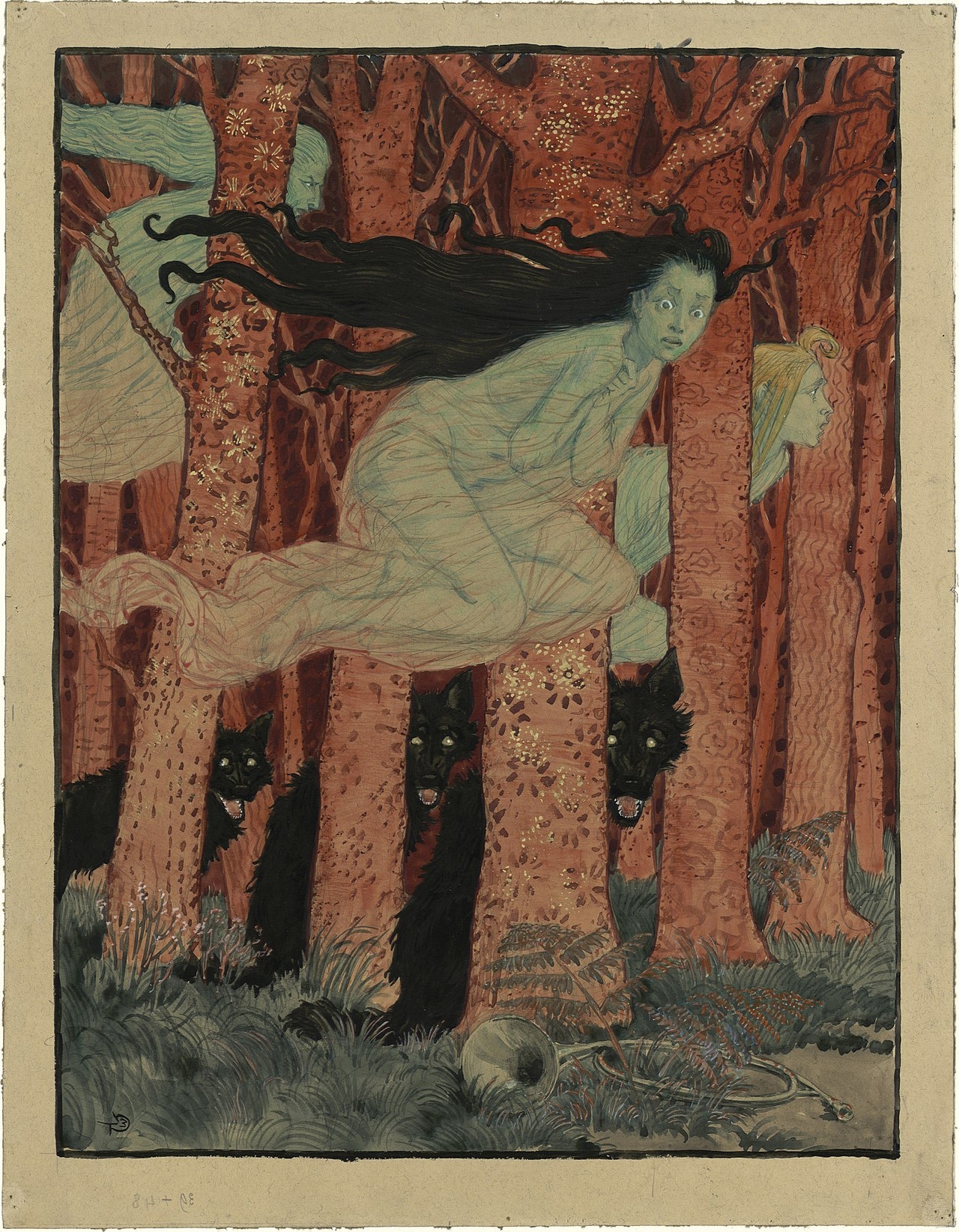 A haunting image of a woman in white fleeing through a dark forest, her expression one of fear, with three wolves lurking in the shadows behind her.