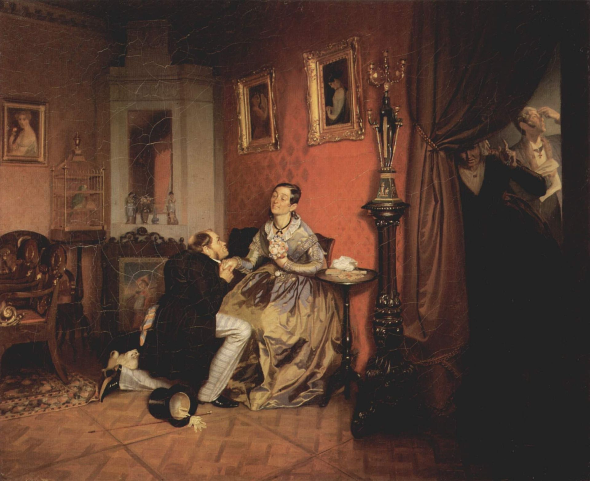 Genre painting by Pavel Fedotov featuring a comedic marriage proposal scene with a suitor kneeling before a seemingly amused woman in a richly decorated interior.