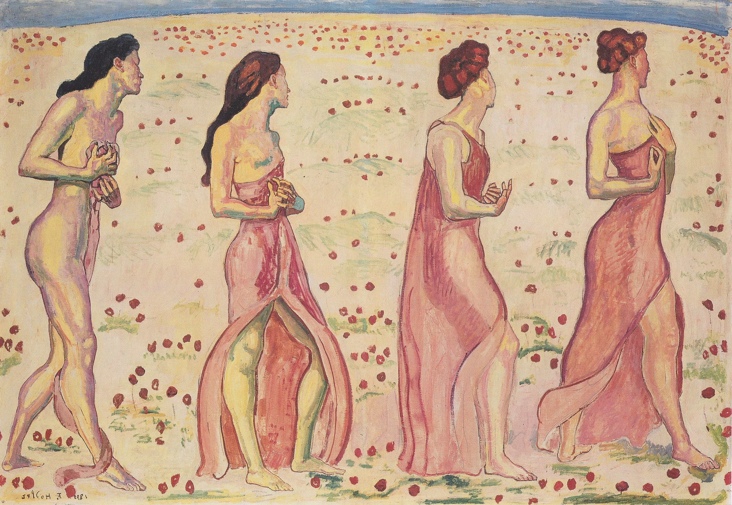 Ferdinand Hodler's painting of four women in nature, representing the allegory of spring, Symbolism style.