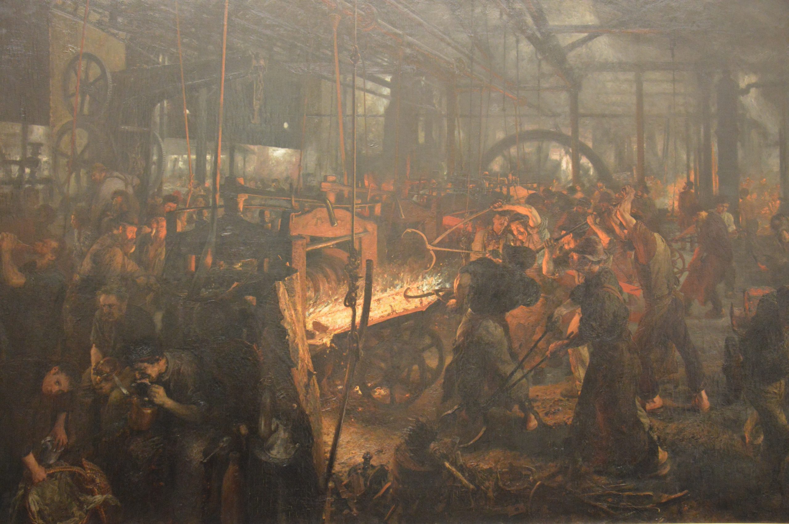 Adolph Menzel's 1872-1875 painting 'The Iron Rolling Mill,' depicting the raw power of industry in the 19th century.