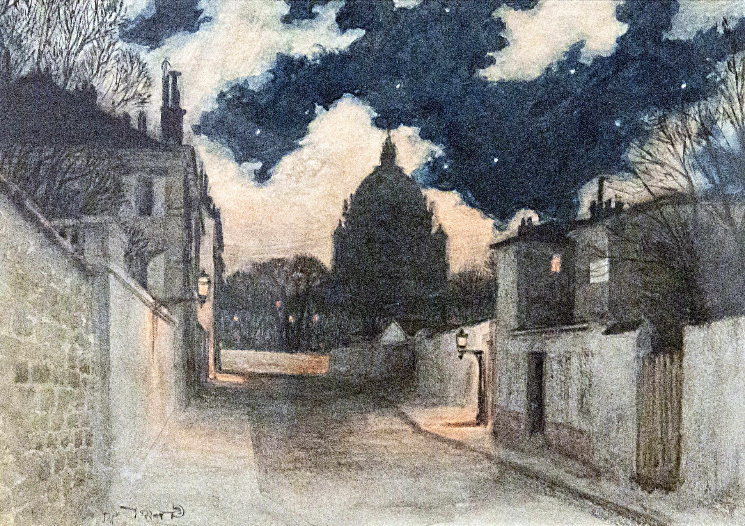 Starry Night over Montmartre, 1897, by Eugène Grasset, depicting a serene nighttime scene with star-studded sky above a silhouetted cityscape.