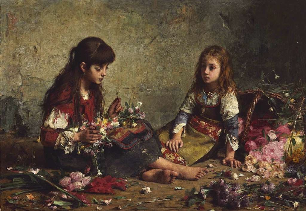 Oil painting by Alexei Harlamoff of two young girls in traditional dress, sitting with scattered bouquets of flowers, illustrating the artist's skill in Russian academic portraiture.