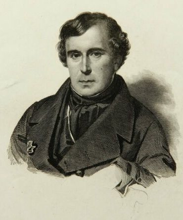 Engraved portrait of Andreas Schelfhout, a 19th-century Dutch landscape painter with a focused gaze, wearing a dark jacket and a high-collared shirt.