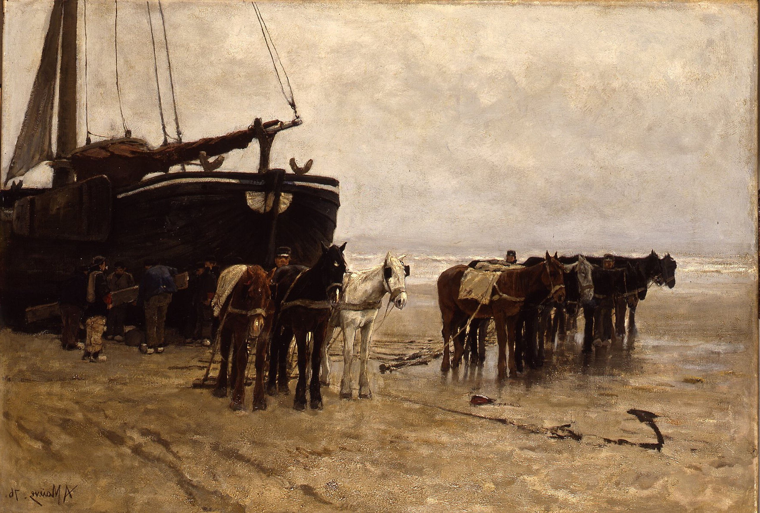 Anton Mauve's 'Bomschuit met sleeppaarden', a Dutch Realism portrayal of horses on a beach, in line with Hague School aesthetics.