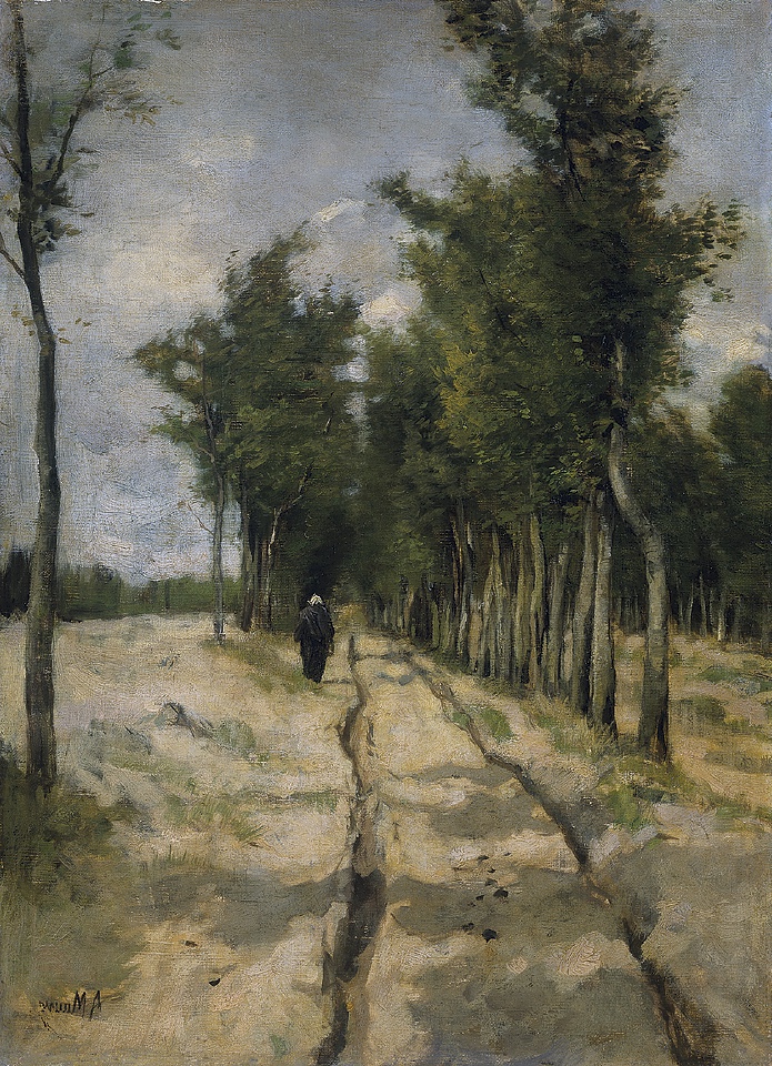 De Torenlaan te Laren' by Anton Mauve, showcasing the Dutch Realism and Hague School's depiction of light and shade on a tree-bordered path.
