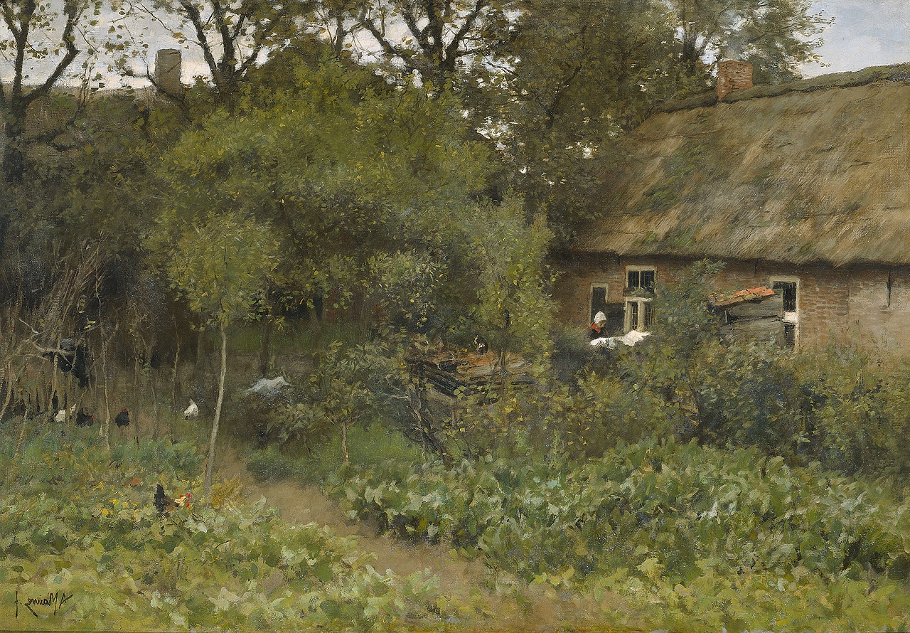 Anton Mauve's 'De moestuin', a serene Dutch Realist painting of a vegetable garden, illustrating the tranquil life celebrated by the Hague School.