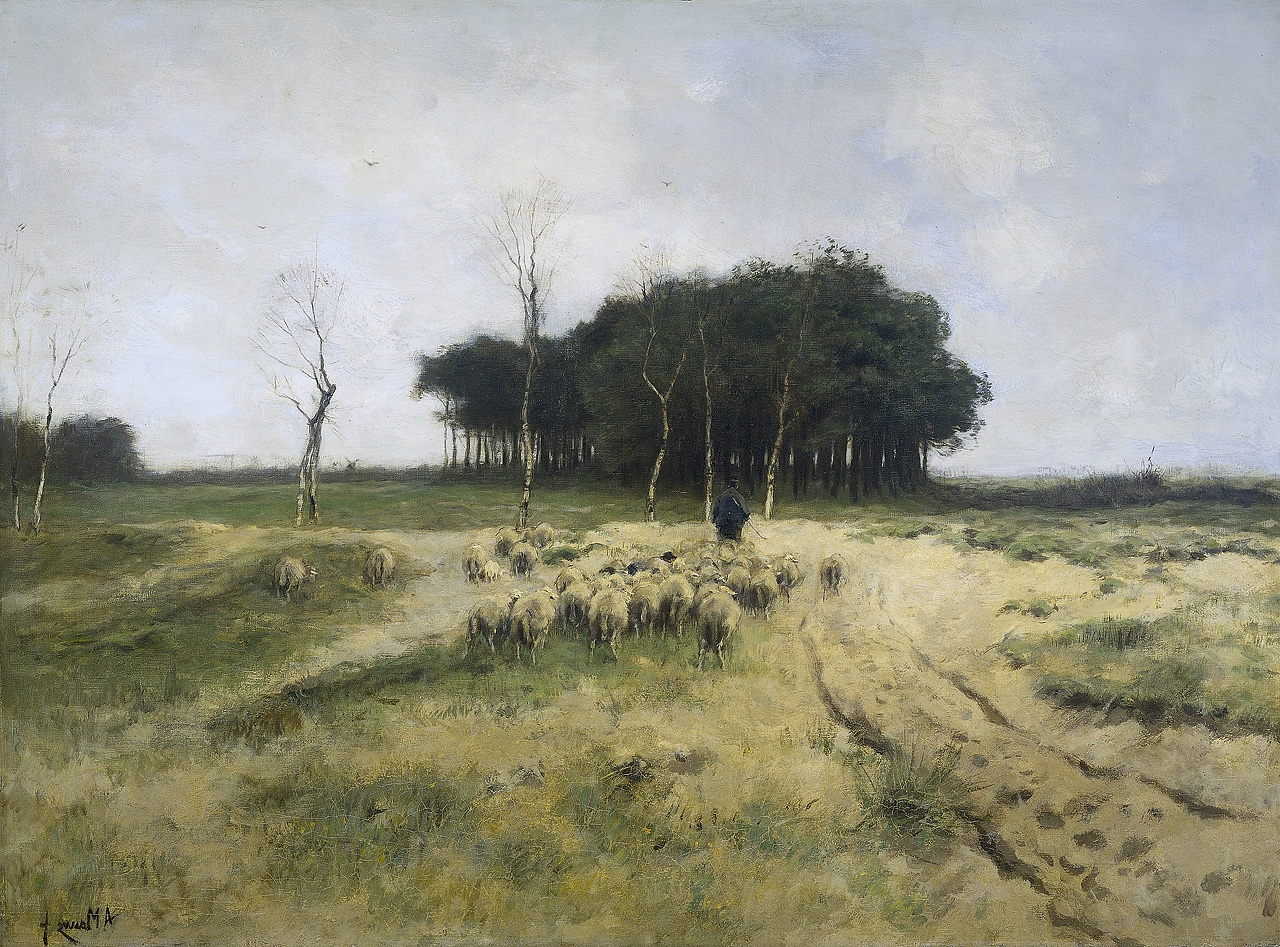 Anton Mauve's 'Heide te Laren', a Dutch Realism painting, with a shepherd and sheep on the Laren heathlands, under the Hague School's muted sky.