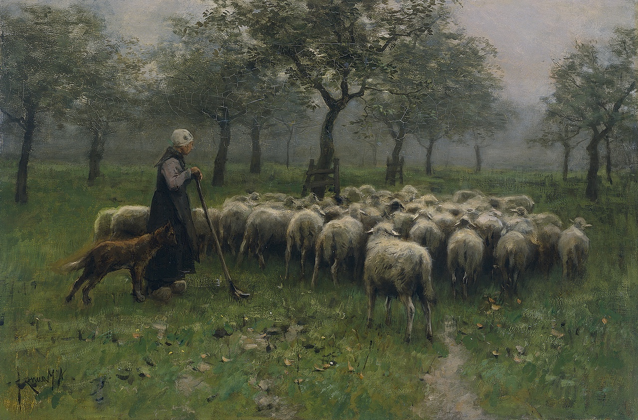 Pastoral landscape by Anton Mauve, a Dutch Realist painter, featuring a shepherdess and sheep under the soft light, evoking the Hague School's subtle artistry.