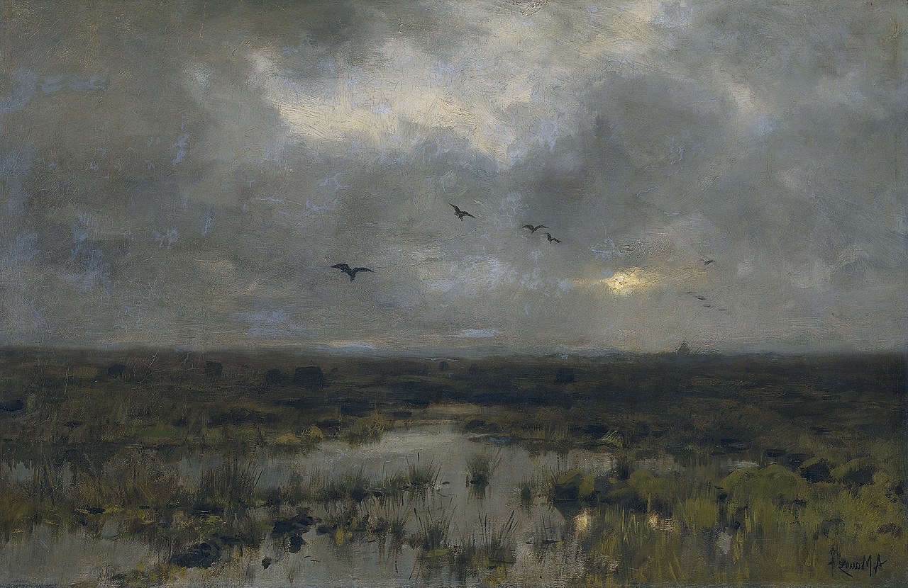 Anton Mauve's 'Het moeras', capturing the tranquil essence of a swamp in the subdued light, a hallmark of Dutch Realism and the Hague School.