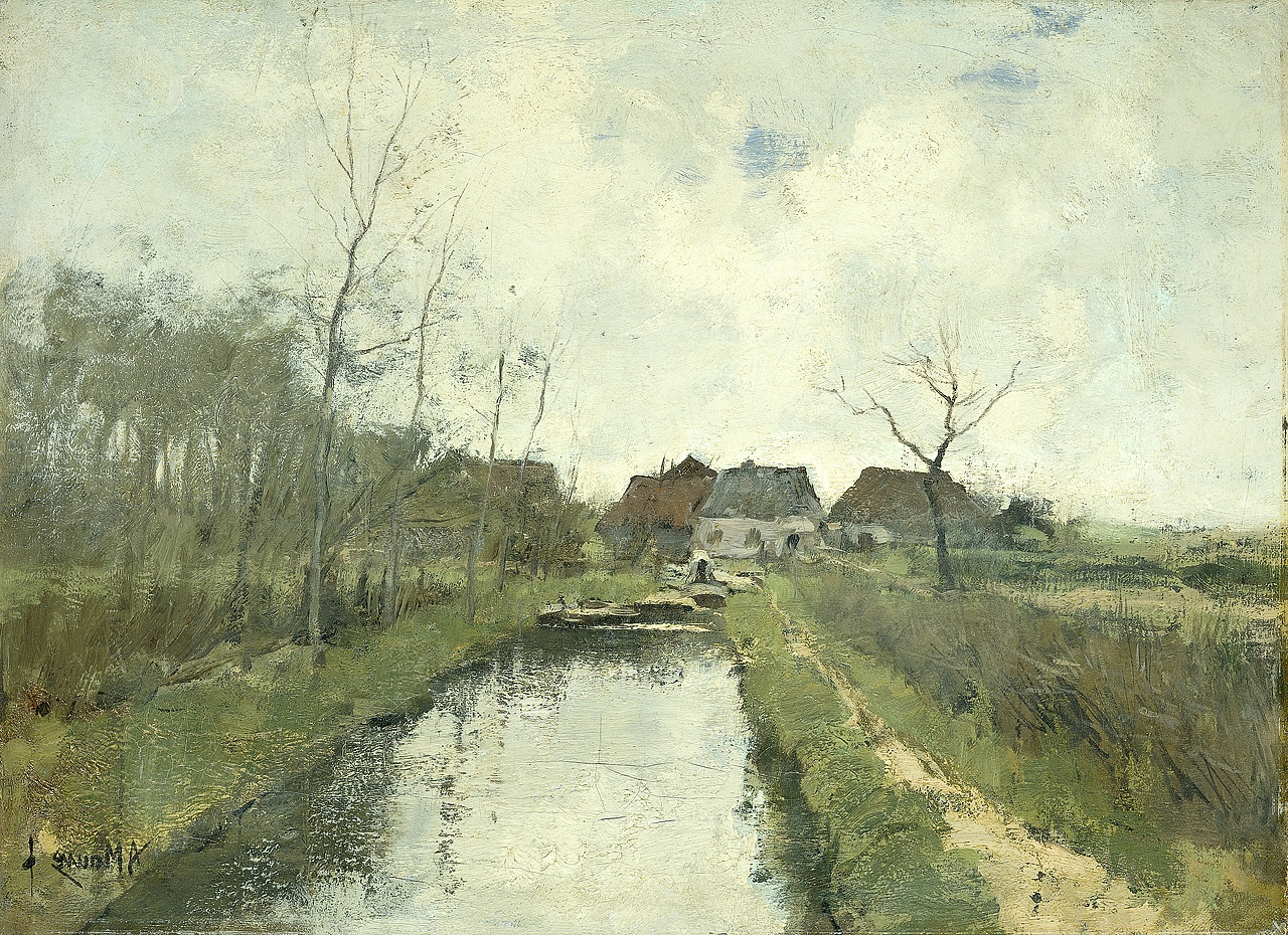 "In 'Huisje aan een sloot', Anton Mauve captures the serene Dutch countryside, showcasing Dutch Realism and the subtle beauty praised by the Hague School."
