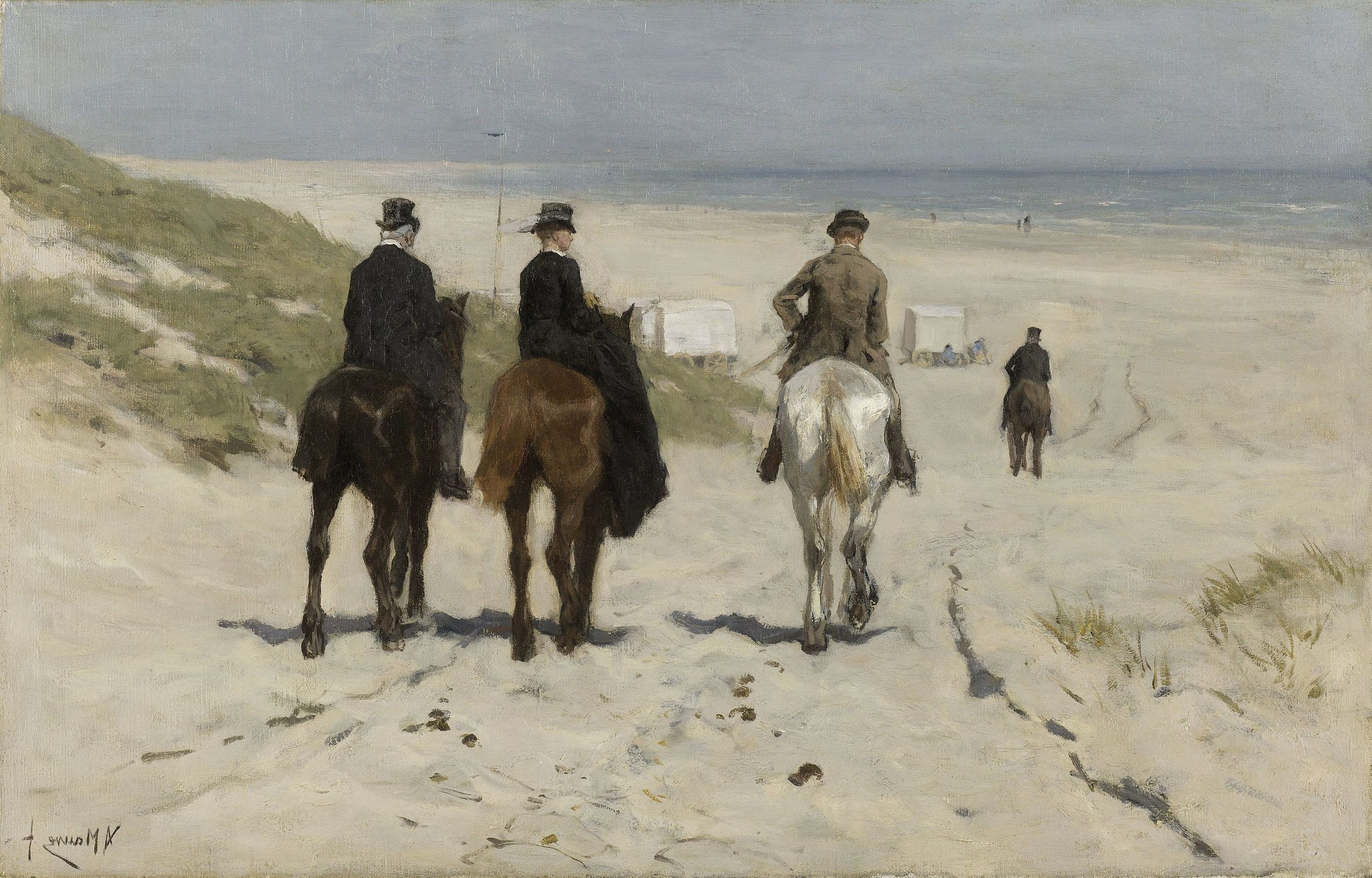Anton Mauve's 'Morgenrit langs het strand', a Dutch Realism portrayal of horse riders on the beach, capturing the Hague School's luminous atmosphere.