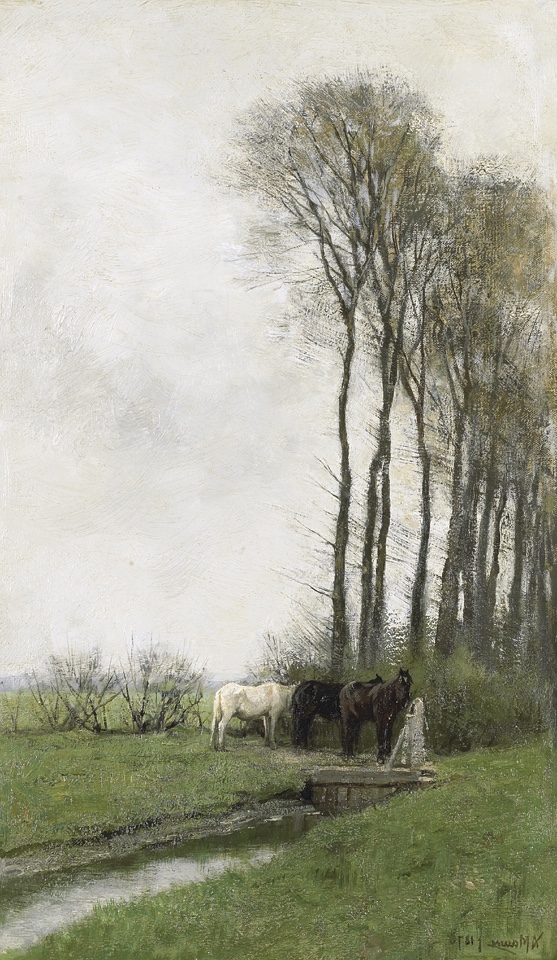 Horses at a fence in 'Paarden bij het hek' by Anton Mauve, illustrating the serene Dutch Realism and the Hague School's nuanced light.