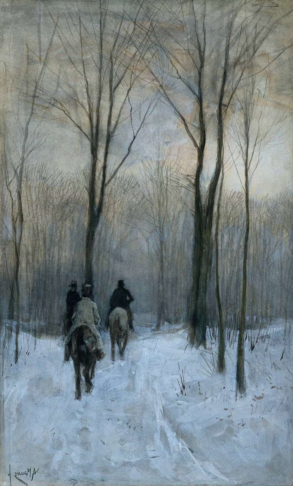 Riders in a snow-covered forest in 'Ruiters in de sneeuw in het Haagse bos' by Anton Mauve, a Dutch Realism painting influenced by the Hague School.
