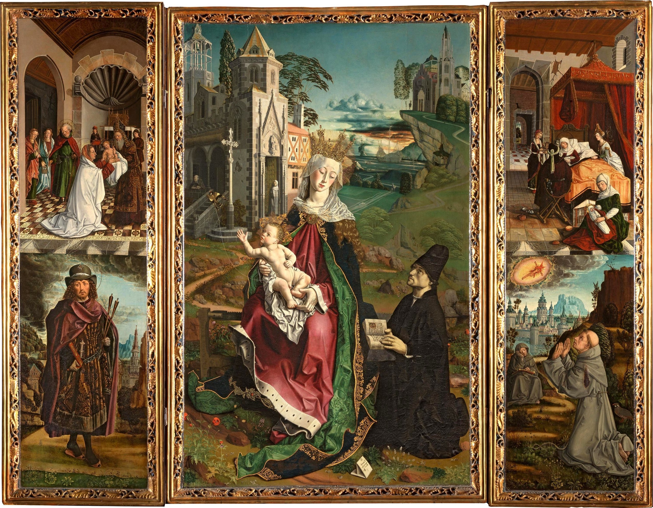 Altar of the Virgin of Montserrat by Bartolome Bermejo, depicting three panels with intricate Gothic iconography, vibrant colors, and detailed landscape backgrounds, showcasing Bermejo's mastery of Spanish Gothic art.