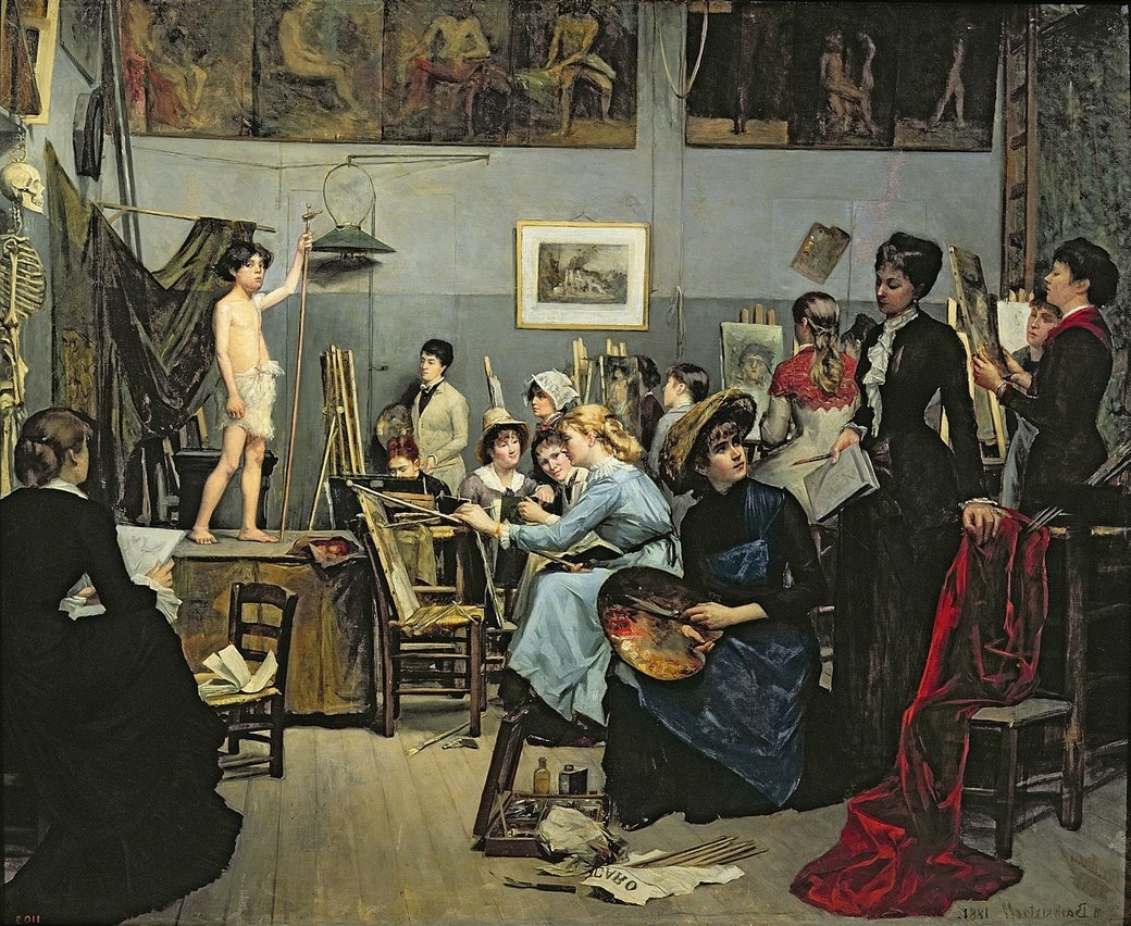 1881 painting by Marie Bashkirtseff depicting a bustling art studio at the Académie Julian, with female artists painting a live model, reflecting the realism art movement.