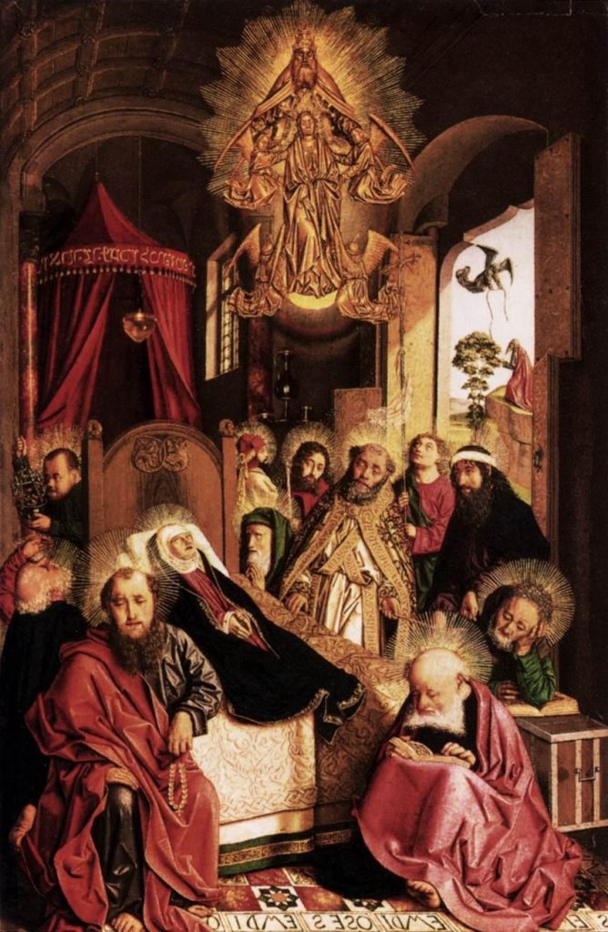 Altarpiece of the Virgin by Bartolome Bermejo, featuring central Gothic figures with a divine apparition, surrounded by detailed depictions of saints and religious narrative, exemplifying the fusion of Flemish realism and Spanish Gothic style.