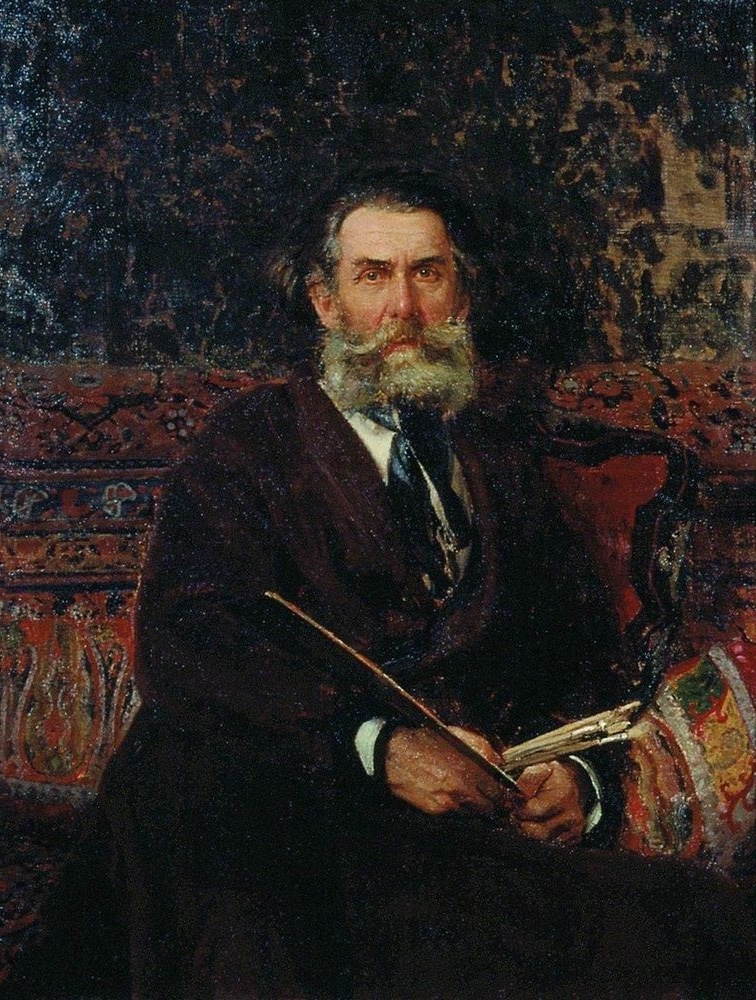"Ilya Repin’s 1876 portrait of landscape artist Alexei Bogolyubov, paralleling Volodymyr Orlovsky's sky-focused paintings.