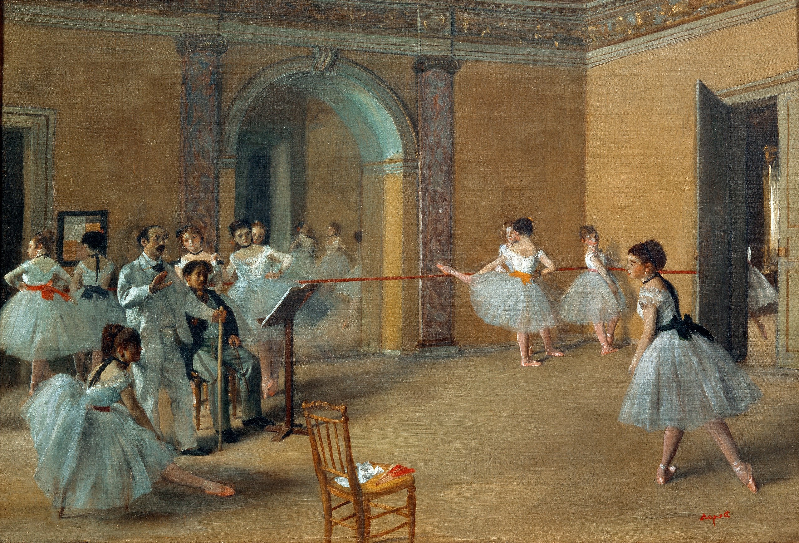 Edgar Degas Impressionist painting of ballet dancers rehearsing in a sunlit studio, highlighting Degas's fascination with movement and light.