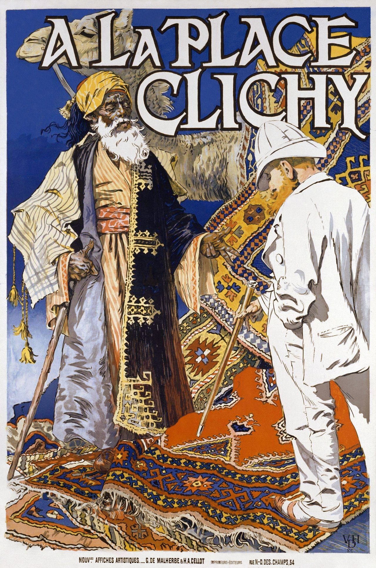 A colorful poster featuring a Middle Eastern man in traditional dress and a European man in white, examining a richly patterned rug, with 'A La Place Clichy' in bold letters above.
