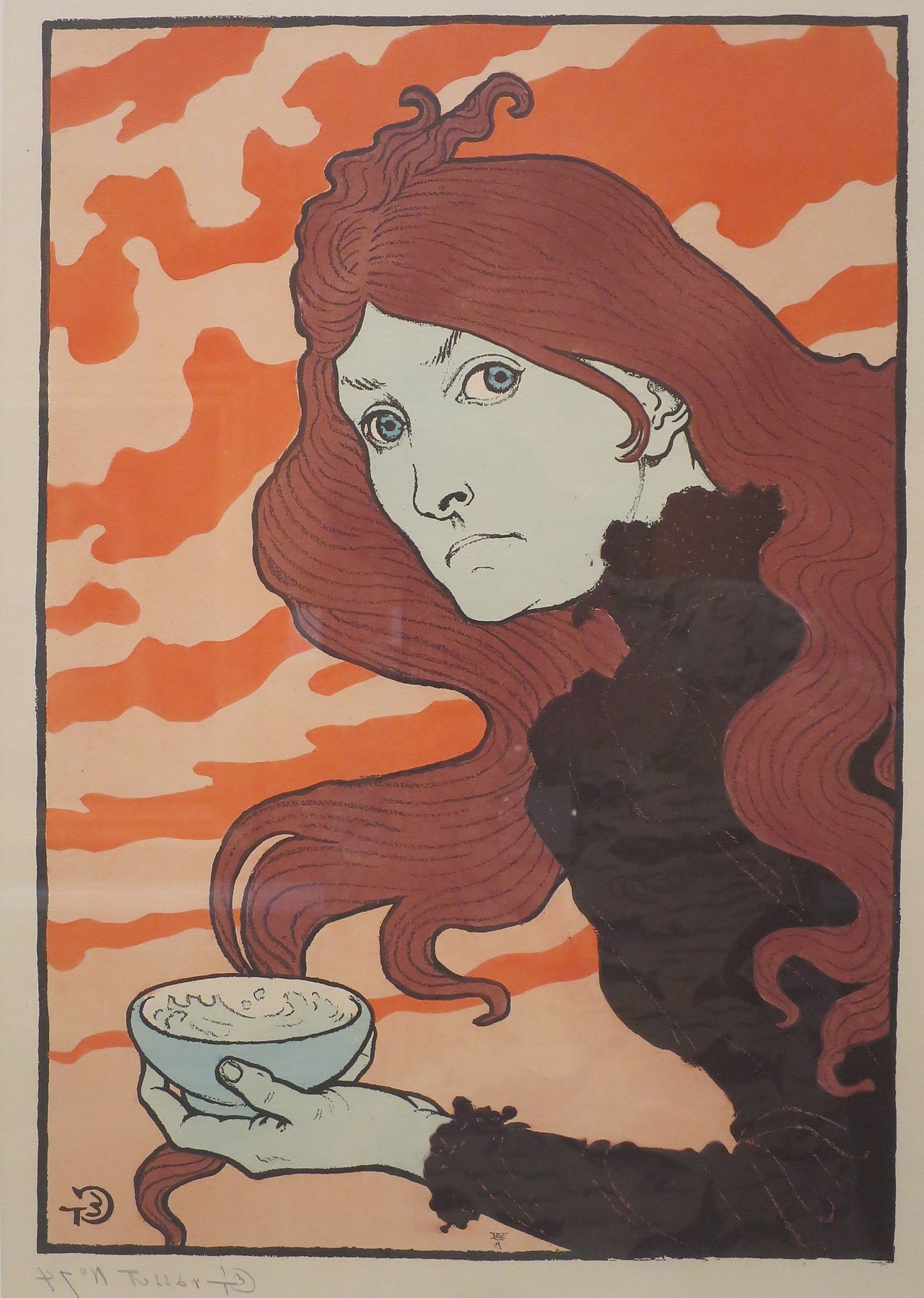 A striking Art Nouveau portrait by Eugène Grasset, titled 'La Vitrioleuse', showing a woman with flowing red hair holding a bowl, set against a vibrant orange backdrop.