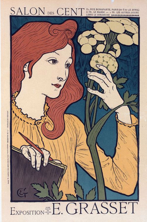 An Art Nouveau poster for 'Salon des Cent' by Eugène Grasset, featuring a red-haired woman with a flower, exemplifying the elegant lines and stylization of French poster art.