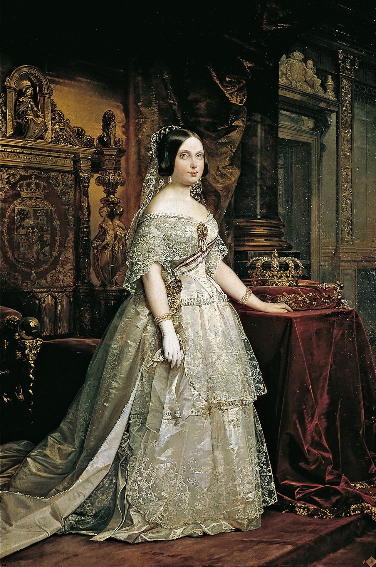 Portrait of Queen Isabel II in an ornate gown, symbolizing her sovereignty, set against the luxurious backdrop of a royal chamber, reflective of Spanish Romanticism.