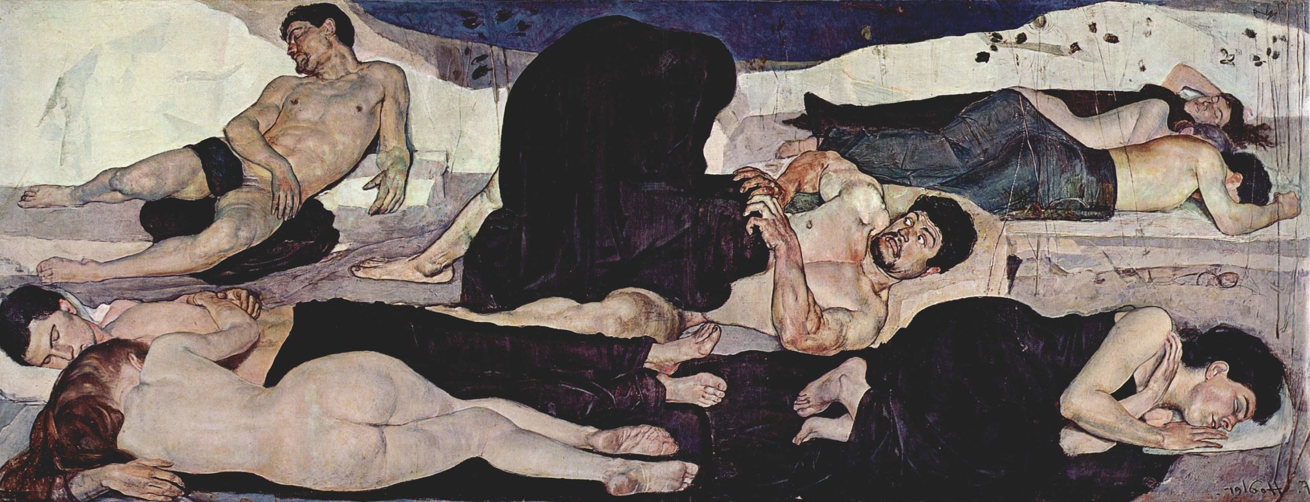 A Symbolist masterpiece by Ferdinand Hodler, featuring multiple figures in repose, capturing the tranquil essence of night.