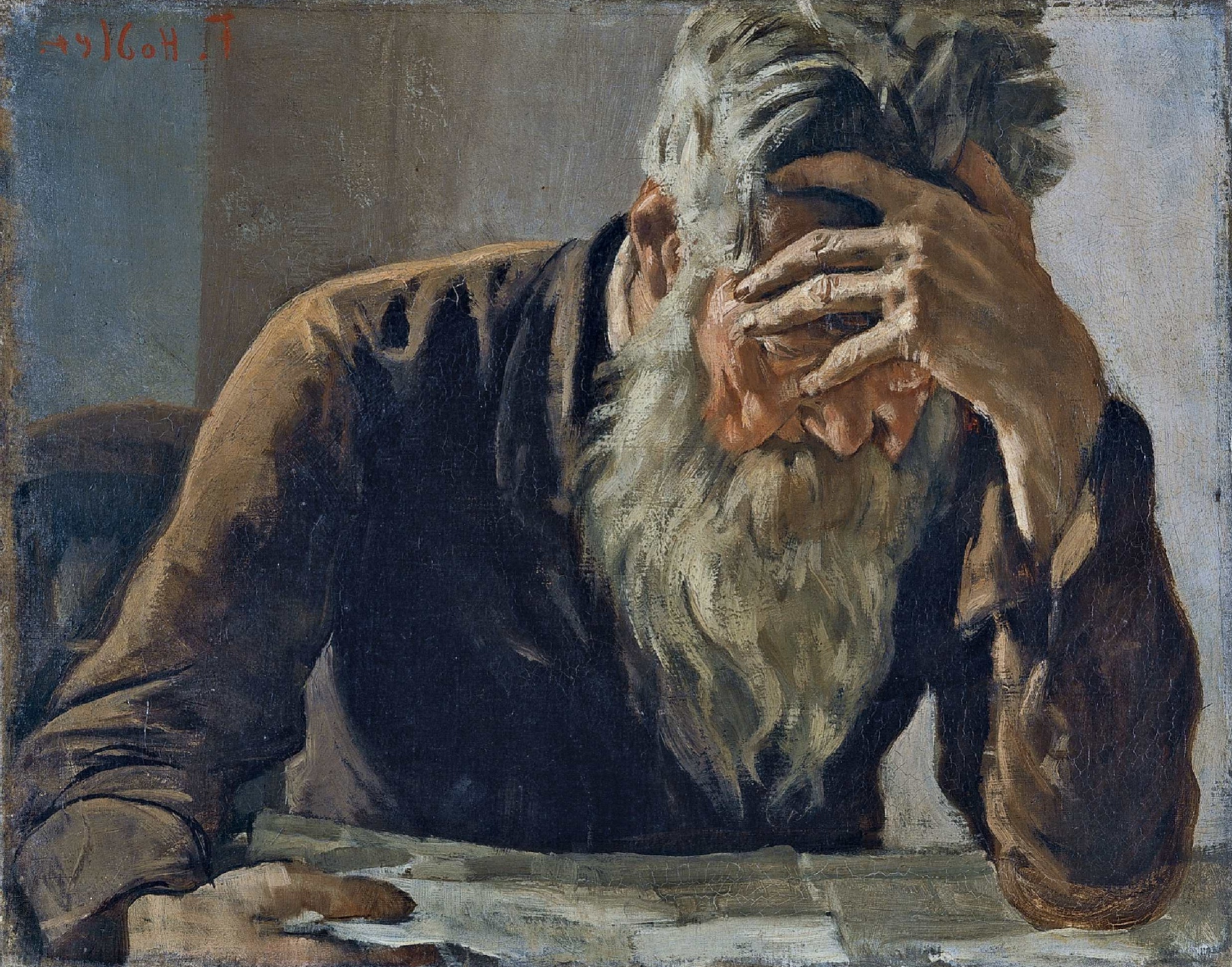 Symbolist painting by Ferdinand Hodler of an elderly man in contemplation, head in hand, with a profound sense of introspection.