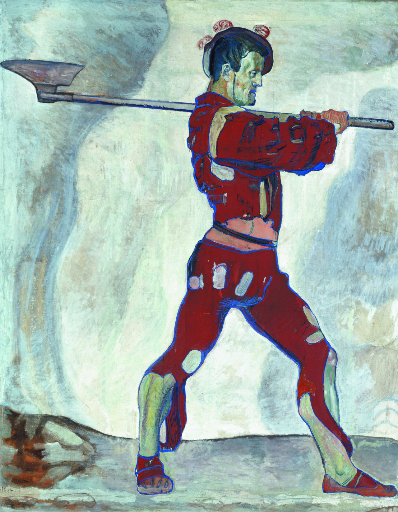 Vivid Symbolist painting by Ferdinand Hodler depicting a red-clad warrior holding a spear, embodying strength and focus.