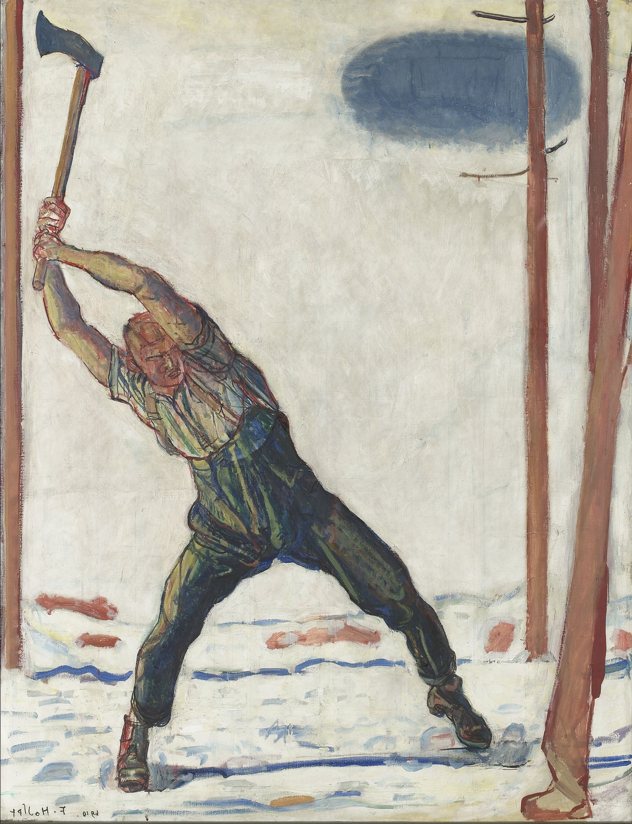 The Woodcutter's Zeal Symbolist painting 'The Woodcutter' by Ferdinand Hodler, depicting a man swinging an axe, exemplifying human strength and endurance.