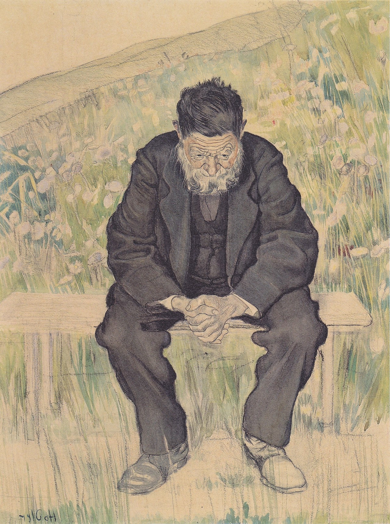 1891 painting by Ferdinand Hodler titled 'Jobless', showing a pensive old man seated, illustrating Symbolism's social commentary.