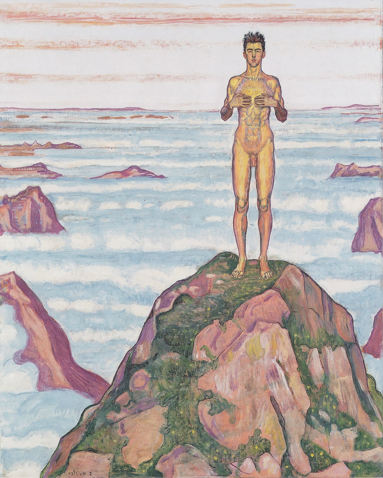 Painting by Ferdinand Hodler named 'View into Infinity', depicting a nude figure on a mountain peak, embodying