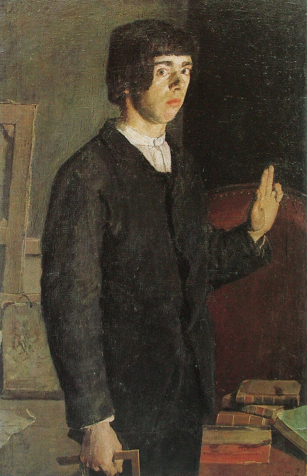 Ferdinand Hodler's early work, 'The Student', a self-portrait with a hand raised in an oath-like gesture, bridging realism and Symbolism.