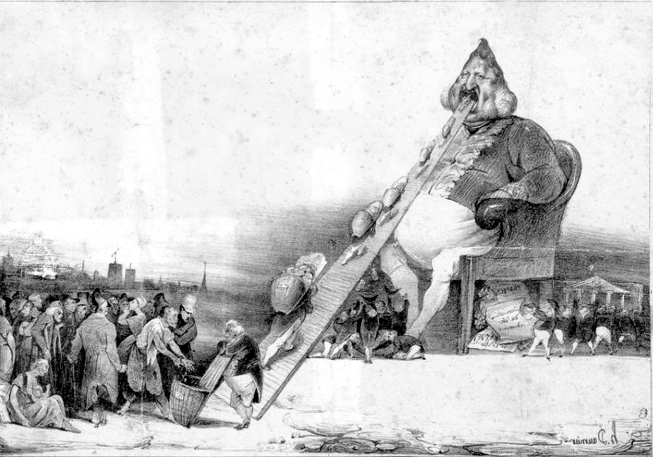 Lithograph by Honoré Daumier titled 'Gargantua,' depicting a giant caricature of King Louis-Philippe of France."