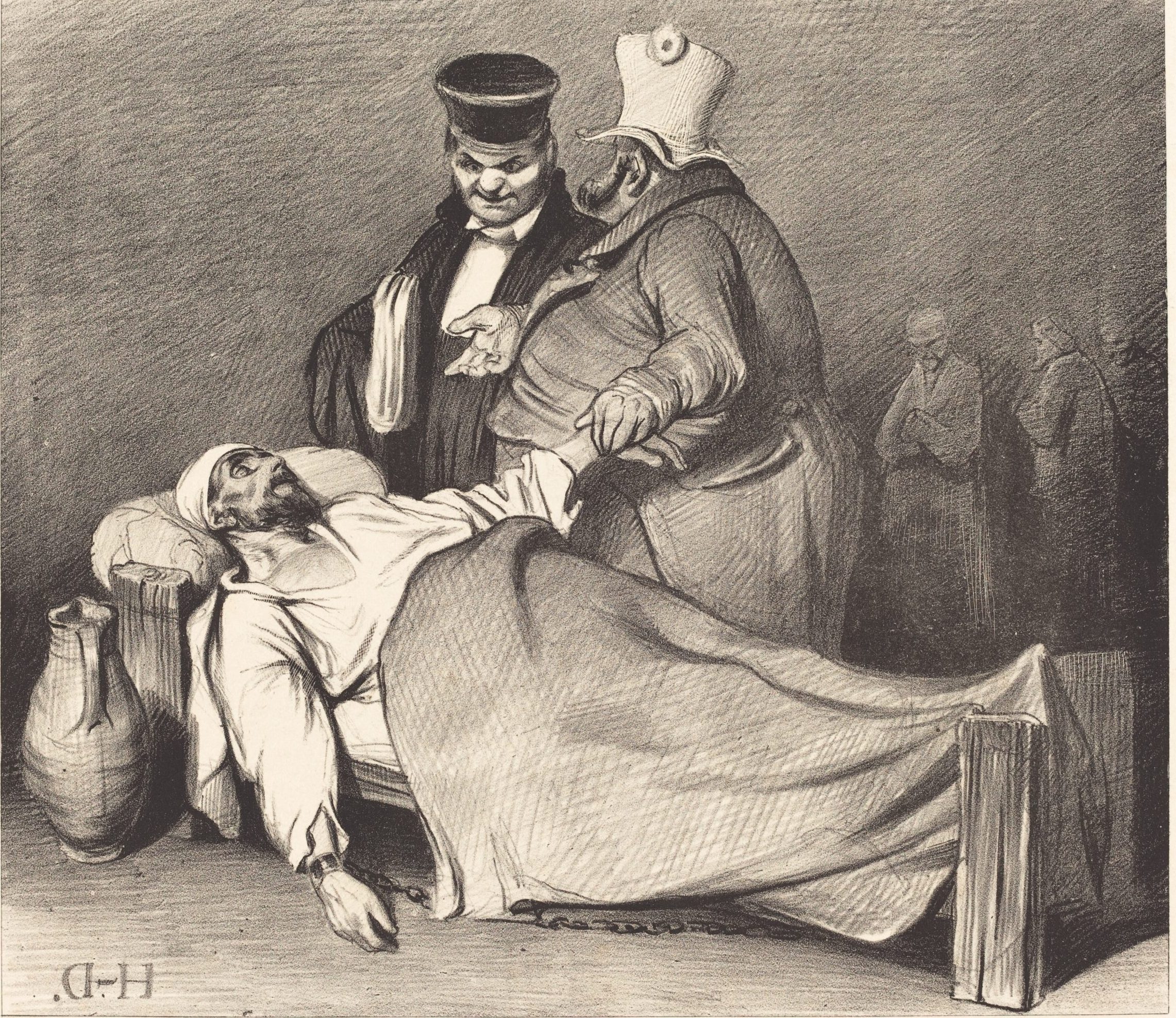 Lithograph by Honoré Daumier titled 'Celui-là, on peut le mettre en liberté!' depicting a humorous scene with medical professionals and a patient.