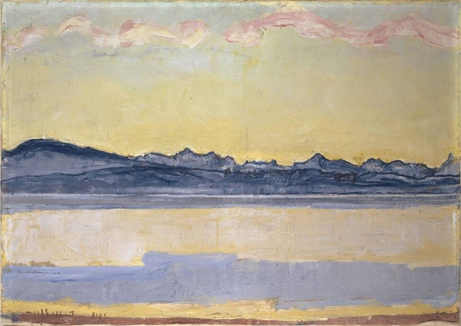 Mont-Blanc mountain range painting by Ferdinand Hodler with a pink cloud in Symbolist style, highlighting Parallelism.