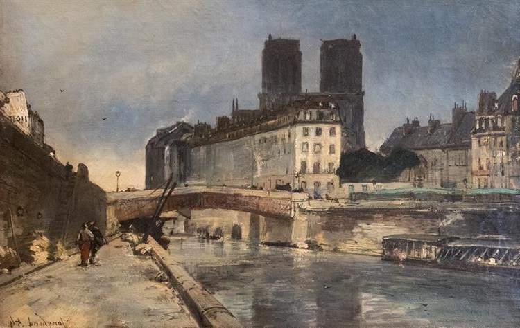 Johan Jongkind's impressionist painting of Notre-Dame de Paris, capturing the cathedral's iconic façade with dynamic light and atmospheric effects. Johan Barthold Jongkind