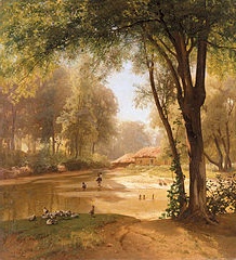 A landscape painting by Volodymyr Orlovsky featuring a tranquil river scene, shaded trees, and the soft hues of the sky.