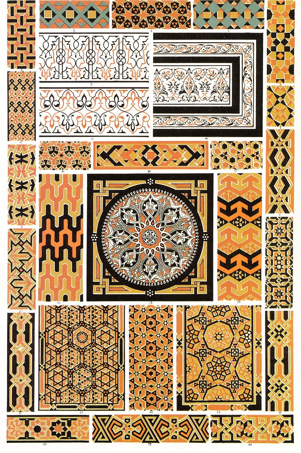 A vibrant page from Owen Jones's 'The Grammar of Ornament' showing various intricate designs.