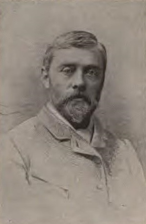 Etching of Alfred Parsons, the English artist known for his landscape paintings, with a contemplative gaze and distinguished beard.