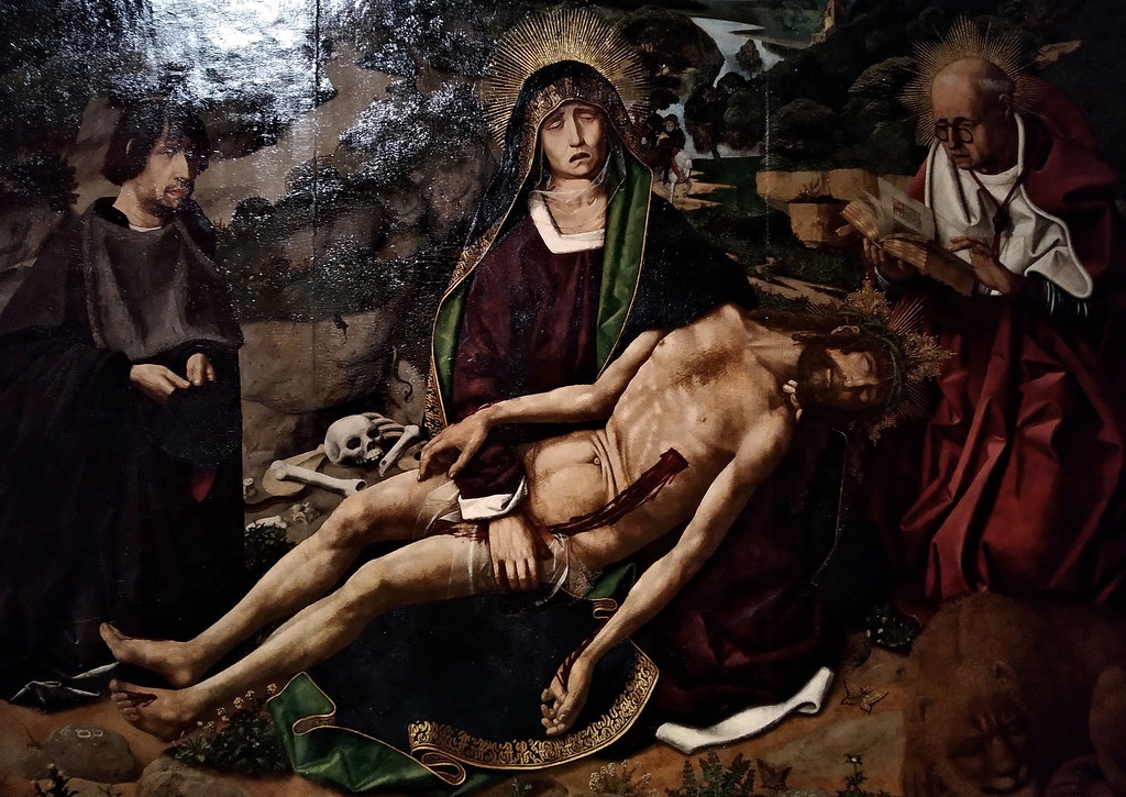 Piedad Desplà (1490) by Bartolomé Bermejo. Barcelona Cathedral Museum, A Gothic art and influenced by Flemish painting