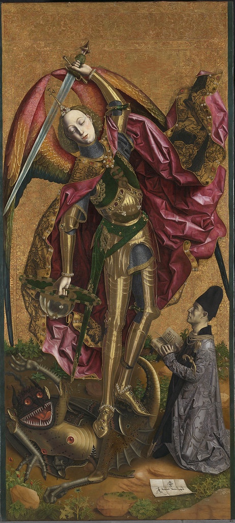 St Michael Defeating the Devil by Bartolome Bermejo, showcasing detailed Gothic armor and vivid color contrasts representative of Spanish Renaissance art