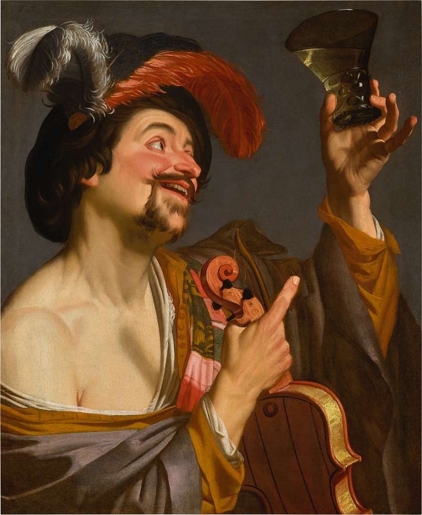 The Happy Violinist with a Glass of Wine in 1624 by Gerrit van Honthorst