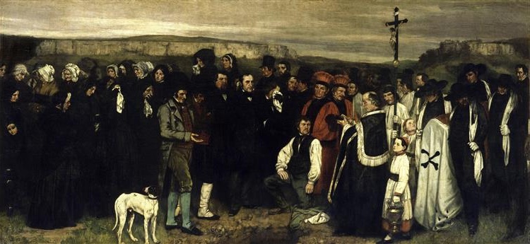 Oil painting 'A Burial at Ornans' by Gustave Courbet depicting a solemn funeral scene with townsfolk in 19th-century attire gathered around a grave in Ornans.