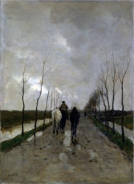 Anton Mauve's 1880 painting 'A Dutch Road', embodying Dutch Realism and Hague School principles, with figures walking beside a horse on a tree-lined road.