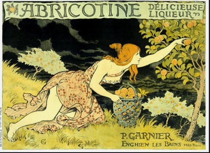 A vintage advertisement depicting a woman in a patterned dress reaching out to pick apricots from a tree, with the words 'Abricotine, Delicious Liqueur' above her.