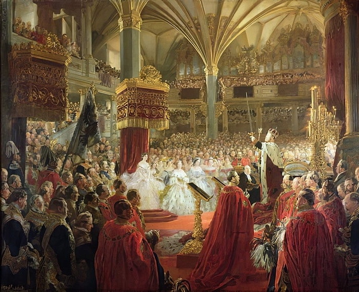 Adolph Menzel's painting of the Coronation of King William I in Königsberg, 1861, showcasing the grandeur of royal ceremonies.