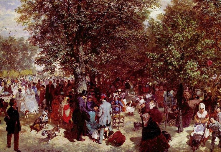Vibrant 19th-century painting by Adolph Menzel depicting a lively afternoon gathering in the Tuileries Gardens, Paris.