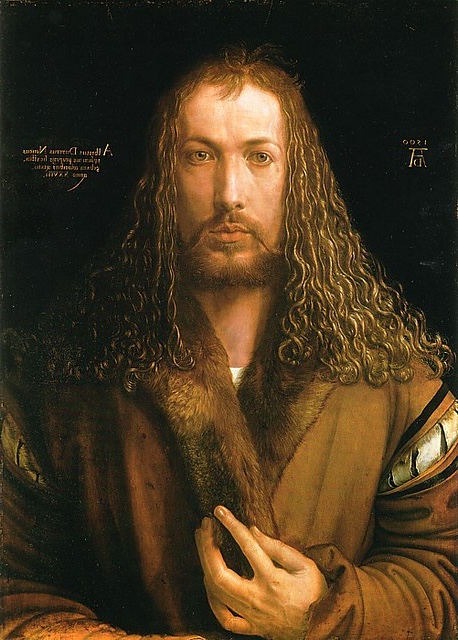 Albrecht Dürer's self-portrait from 1500, a testament to Northern Renaissance art, showcasing the artist's piercing gaze, long curling hair, and a fur-trimmed robe, with inscriptions confirming his identity and the painting's year.